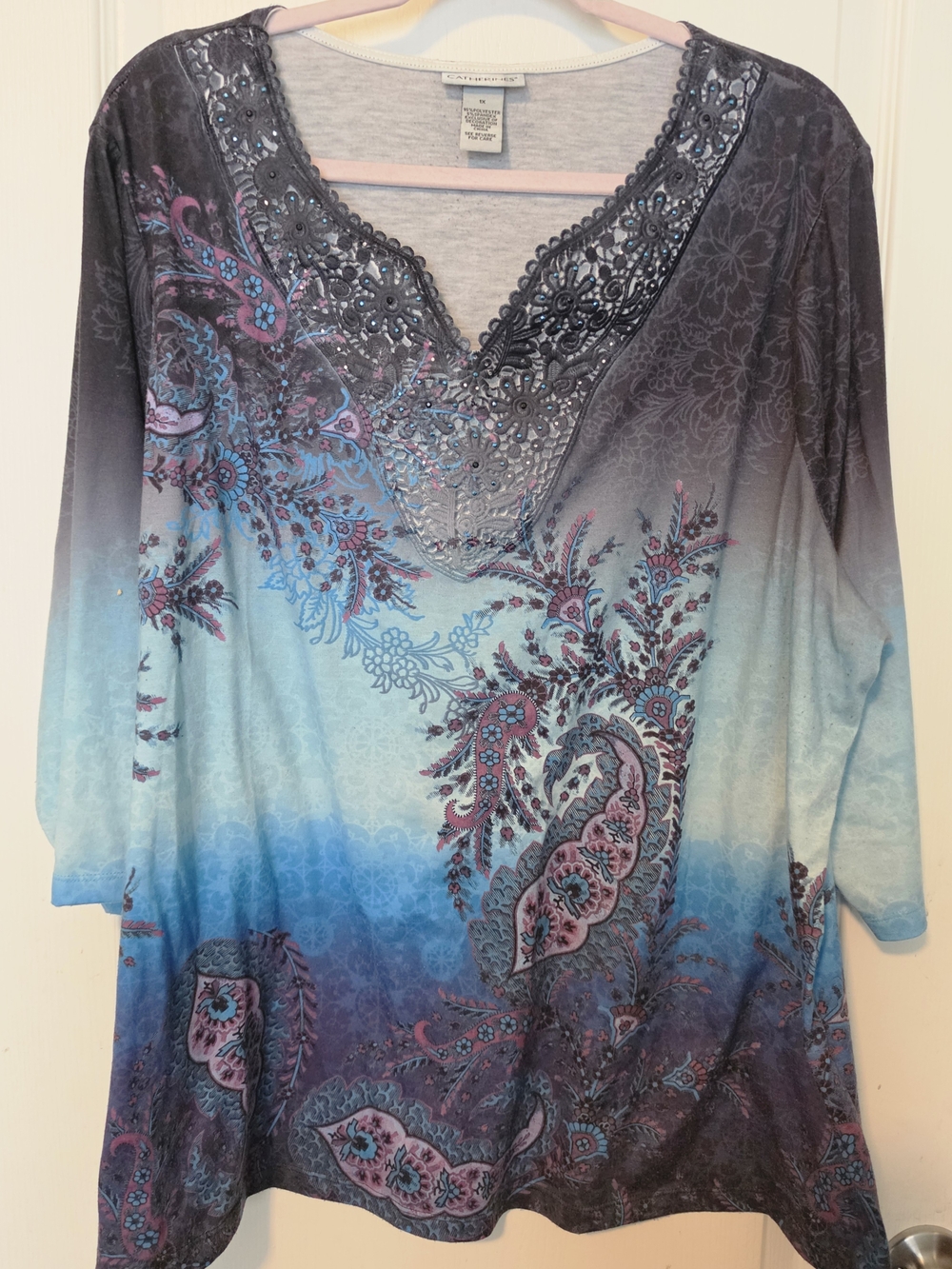 Catherines Blue, Purple and Pink Ombre Paisley Tunic with Rhinstone V-Neck